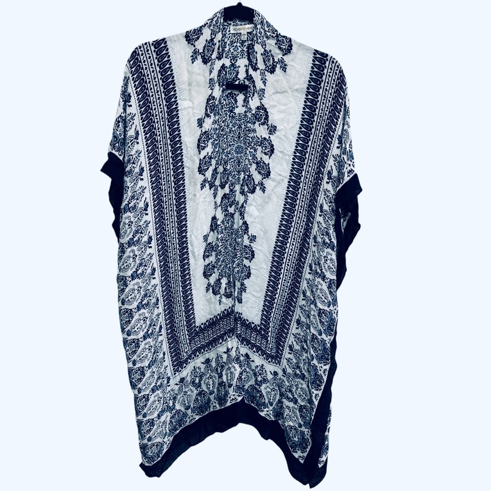 Woven Heart blue white boho kimono beach cover up flowy pool summer vacation - Picture 2 of 13
